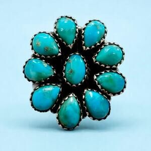 Kingman Turquoise Cluster Ring Sterling Silver 925 Oval Teardrop Sawtooth Size 7